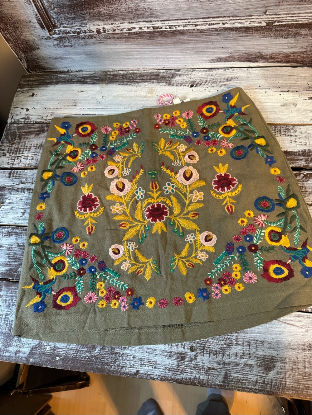 Umgee Olive Green Mini Skirt with Multicolor Floral Embroidery